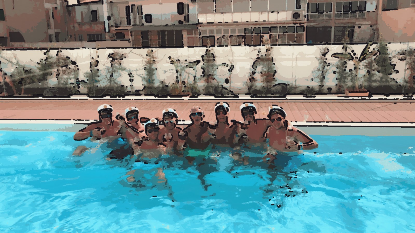 Comic-Version: die Crew mit Käpt&rsquo;n-Mützen und Gläsern im Pool