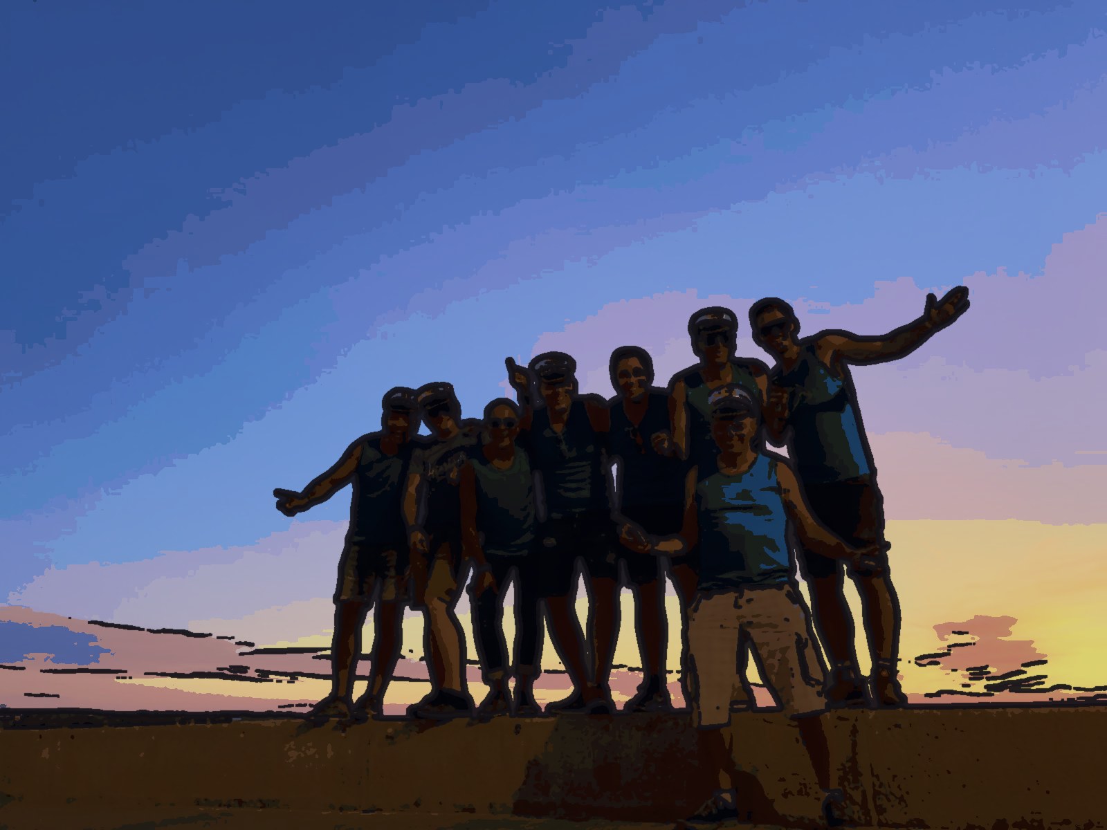 Comic-Version: die Malle Jungs auf der Mauer vor dem Sonnenuntergang